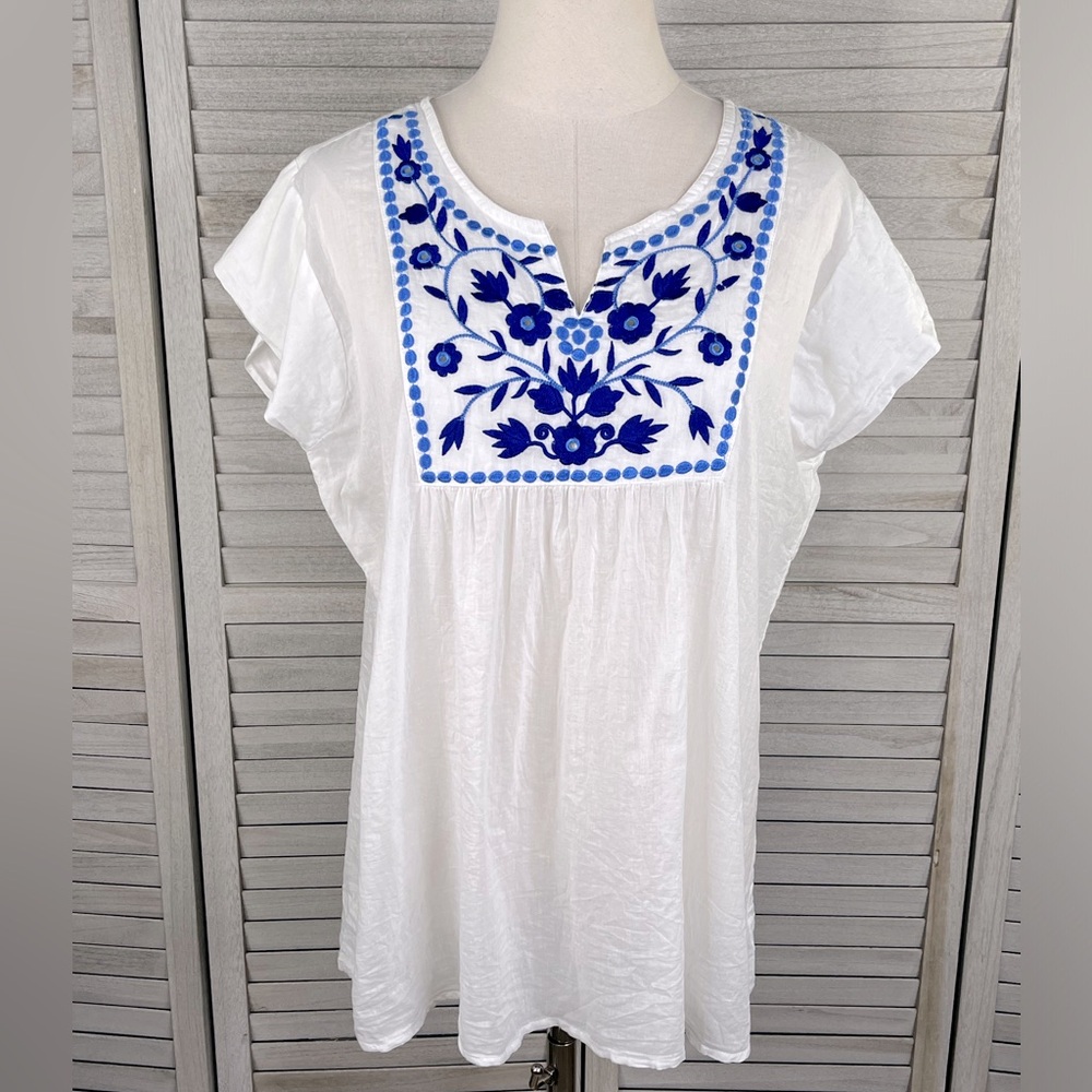 ANANDAS COLLECTION Boho Embroidered Blouse White/Blue-Large